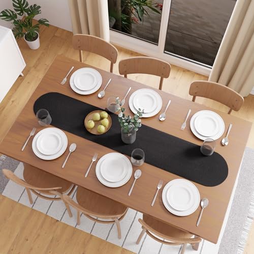 Image of Encasa XO Table Runner for 4 Seater | Handmade Ribbed Style Cotton | 30x137 cm | Black | for Dining & Center Table