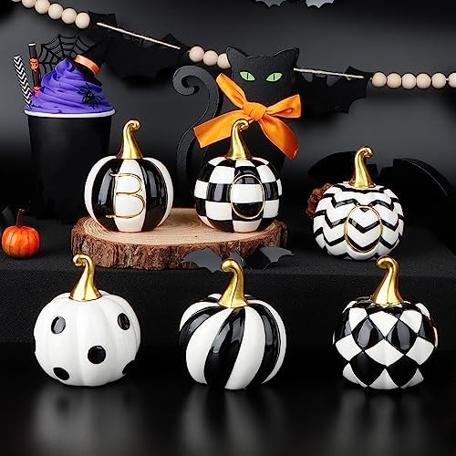 AKEROCK 6 PCS Ceramic Pumpkins for Halloween Decor, Black