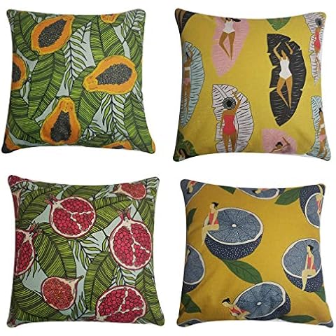 UnionKK Set of 4 Fruit Decorative Throw Pillow Cover Home Decor Square Cushion Covers Outdoor Chair Pillows Case for Sofa Living Room and Bed 18x18 Inch (Tropical Fruit) Cover
