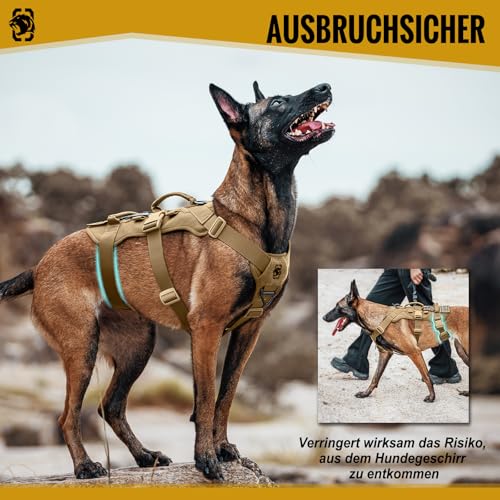 OneTigris Hundegeschirr, T-Bone Taktisches Geschirr mit 2 Griff Ausbruchsicher Einstellbar Brustgeschirr für Hunde Jagd Wandern Trainierung Spaziergang Outdoor-Aktivitäten (Braun, XL)