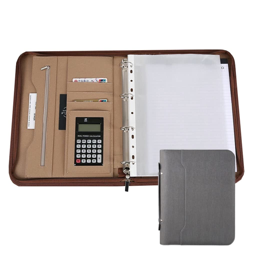 Porte Documents A4 Conférencier, Portefeuille avec fermeture éclair, organiseur à 4 anneaux, classeur en cuir PU, porte-documents, fente de présentation, calculatrice pour porte-photos, porte-stylos,