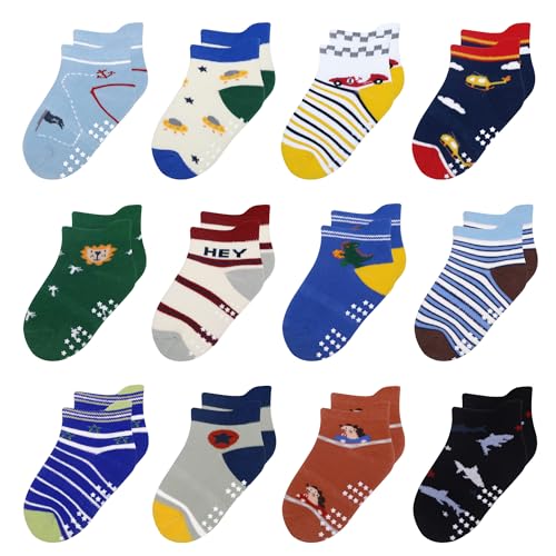 Image of HYzgb 12 Pack Non Slip Kids Toddler Baby Socks with Grips 1-7 Years Boys Girls Cotton Ankle Socks Multi Colors