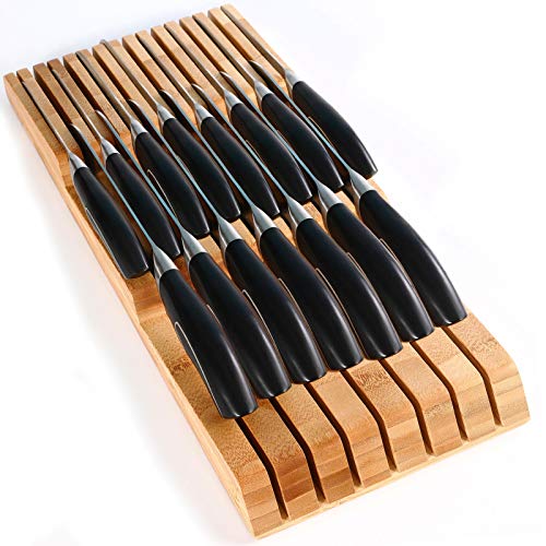 W WOODSUN Befano Bamboo in Drawer Knife Block 15 Slots Knives Organizer Whithout Knives Premium Handwork Knife Storage for Kitchen Drawer