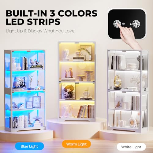 Image of BROTTAR Display Cabinet with Glass Doors, 4-Tier Curio Cabinet with 3 Color Lights for Collectibles, Glass Display Case with Human Body Sensor, Bookcase with 4 Shelves, Storage Cabinets, White