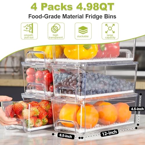 4-Pack Refrigerator Drawer Organizer Bins, Clear Stackable Pull Out Fridge Organizers and Storage Container, with Strain - Additional View
