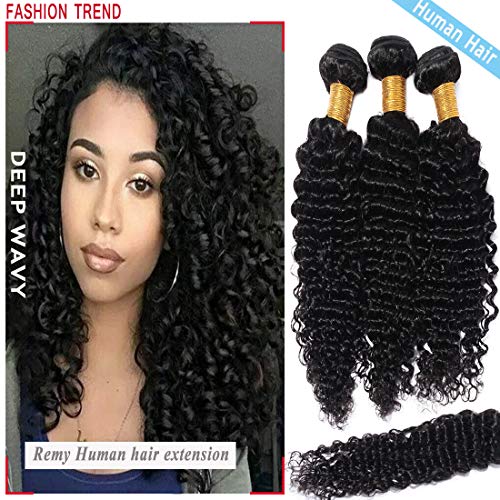 S-noilite Brazilian Deep Wave Human Hair Bundle Unprocessed Deep Wavy Remy Human Hair Bundle for Women #1B Natural Black 1 Bundle Total 100g/3.5oz 16 Inch Deep Curly Human Hair Extension