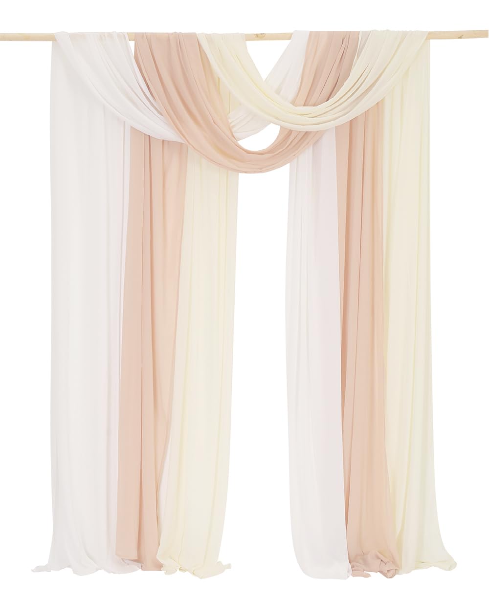 Puxvnizo 3 Panels 18Ft Wedding Arch Chiffon Draping Fabric, Arbor Drapes for Wedding Outdoor Party Reception Backdrop (White & Ivory & Nude)