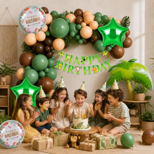 Image of Jungle Theme Birthday Decoration Kit for Kids Party, Pack of 51 Jungle Safari Balloons Set with Happy Birthday Banner, Animal Balloons for Boys Girls Party Decor
