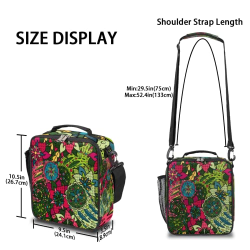 Colorful Abstract Flowers Lunch Box Bag, Ethnic Lunchbox Insulated Lunch Bag Tote Bag Thermal Cooler With Removable Adjustable Shoulder Strap For Women Men Office Picnic #TOP2