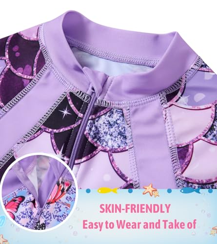Image of Girls Long Sleeve Rashguard Half Zip Swimsuits UPF 50+ Two Piece Swim Sets with Hairband 5-12Y | Two Piece Swim Sets with Hairband