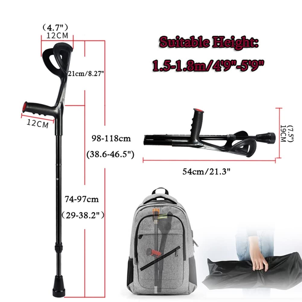 Stampelle Pieghevoli per Adulti, stampelle Ortopediche Regolabili in Altezza per Gomiti (Polsino Aperto), stampelle Leggere in Alluminio Antiscivolo, per Anziani, disabili (Colore: Nero, di