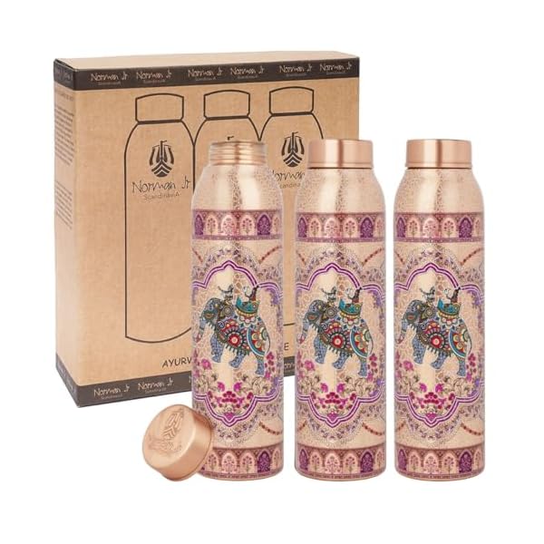 NORMAN JR Copper Water Bottle 1L - Ethnic UV Print, an Ayurvedic vessel made from pure copper - helps you drink more water, with many health benefits in Gift Box - Pack of 3