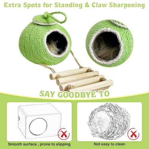 Image of Tfwadmx Coconut Hide with Ladder, Natural Coconut Fiber Hanging Birdhouse Cage, Handmade Sisal Rope & Coconut Bird Shell Breeding Nest for Parrot Parakeet Lovebird Finch Canary (2 Pcs Green)