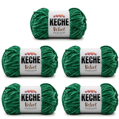 Image of Keche Velvet Yarn for Crocheting, Soft Chenille Bulky Baby Blanket Amigurumi Yarn 100 gr (132 yds) 5 Skeins - Benetton Green