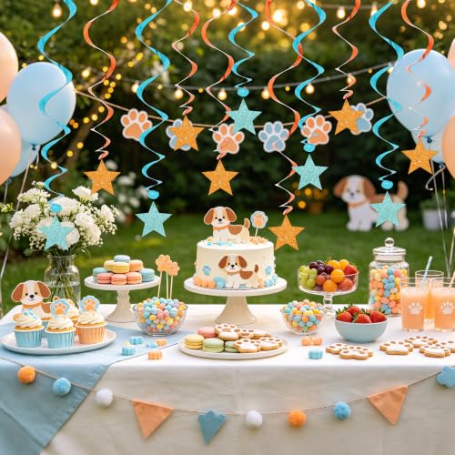Image of BEISHIDA Blue Orange Glitter Stars Hanging Swirls Pre-Strung Stars Hanging Decorations for Baby Shower Paw Birthday Party Decorations Supplies,Pack of 15