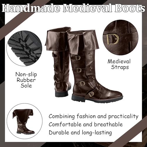Image of Jiuguva Medieval Pirate Boots for Men Women Renaissance Boots | Faux Leather Viking Boots High Tube Steampunk Cosplay Shoes for Halloween Party, Role Play, Costume Accessories