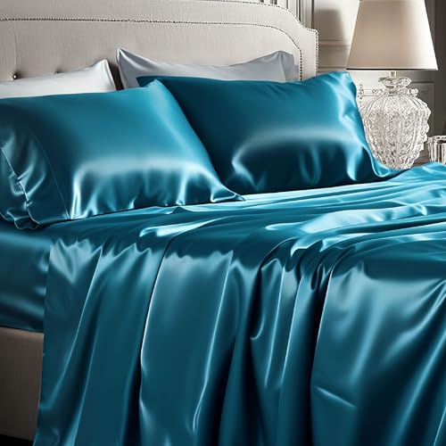 Image of Bedsure Teal Satin Sheets Queen Size, Soft Silky Bedsheets for Hair & Skin | Similar to Silk Bed Sheets Set 4 Piece with 15 Inches Deep Pocket Fitted Sheet,1 Flat Sheet, 2 Satin Pillowcases