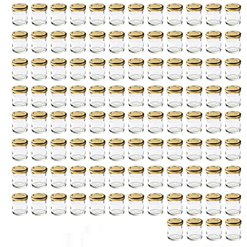 Lot de 100 mini bocaux à confiture/conserve 41 ml + couvercles dorés à visser Idéal pour échantillons, portions de petit-déjeuner, mariages et cadeaux