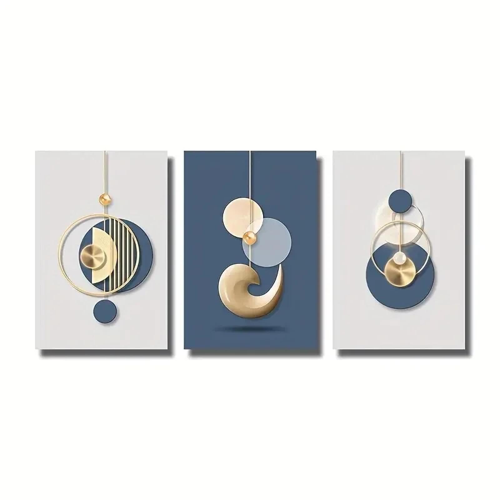 Póster de lienzo de 3 piezas para decoración de pared, arte moderno, impresiones gráficas abstractas en azul dorado para dormitorio, sala de estar, pasillo, 70 x 100 cm x 3, sin marco