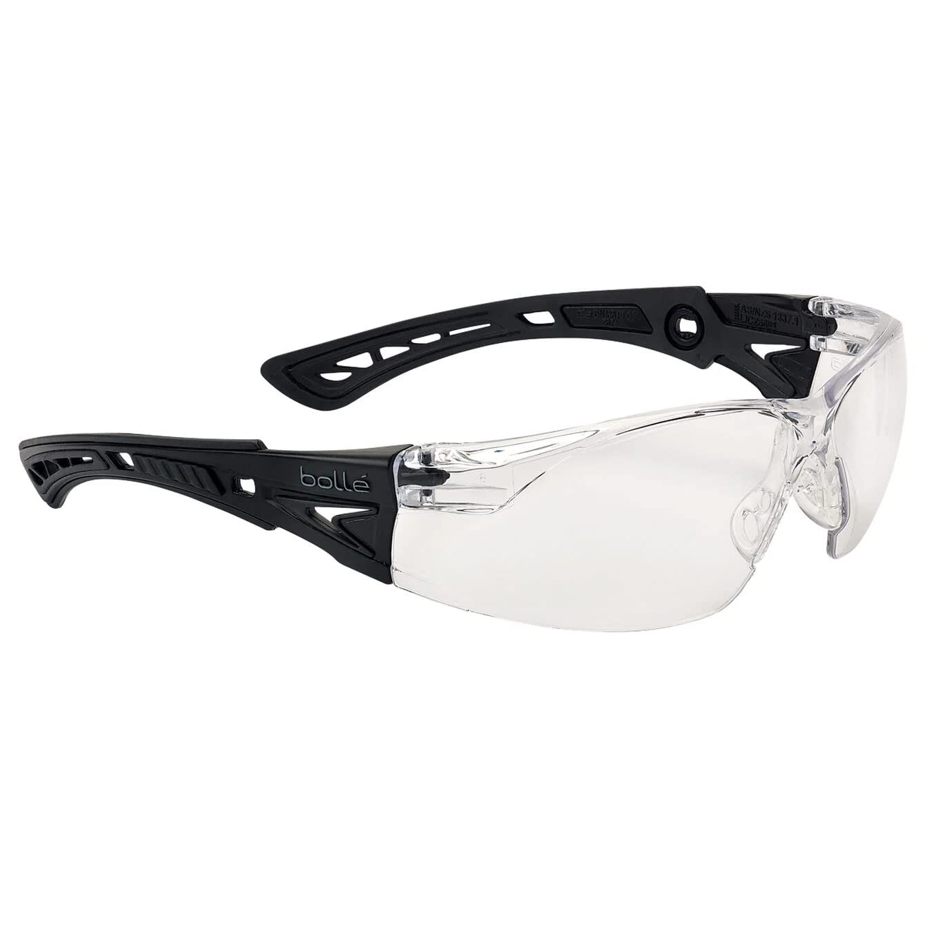 Bolle Rush+ BSSI Lunettes de sécurité à verres transparents – Revêtement dur en platine et revêtement anti-buée – Polycarbonate bimatière + TPR noir mat