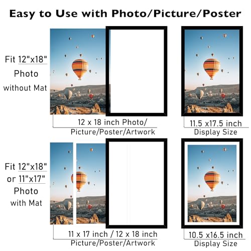 Image of JCJMY 12x18 Picture Frame with 11x17 Mat, Display Photo 11x17 with Mat or 12 x 18 Without Mat, Wall Hanging Large 12 by 18 Poster Frame with Plexiglass, Black