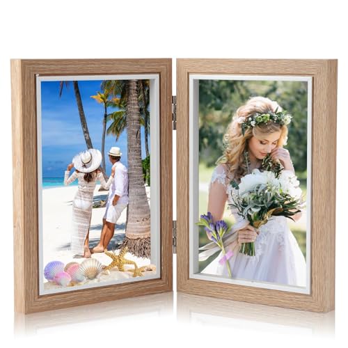 Jinsion Double Photo Frame 6x4, Hinged Folding Picture Frame, Holds 2 Standard Wooden Photo Frame, Stand Vertical on Desktop Double Picture Frame, 6x4 Photo Frames for Wedding or Family Photo