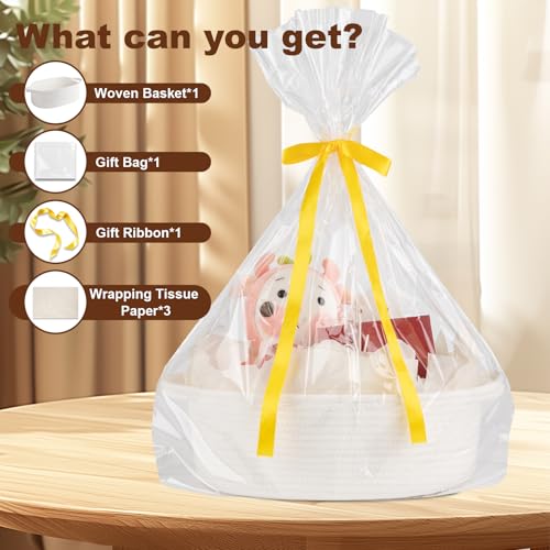 Image of OIAHOMY Gift Basket with Handle, 13.4 inchx 10 inchx 5.5 inch Woven Basket with Gift Bag, Ribbon and Wrap Tissue Paper, Nursery Bins Empty to Fill with Towels, Baby, Pet Toy Organizer - White