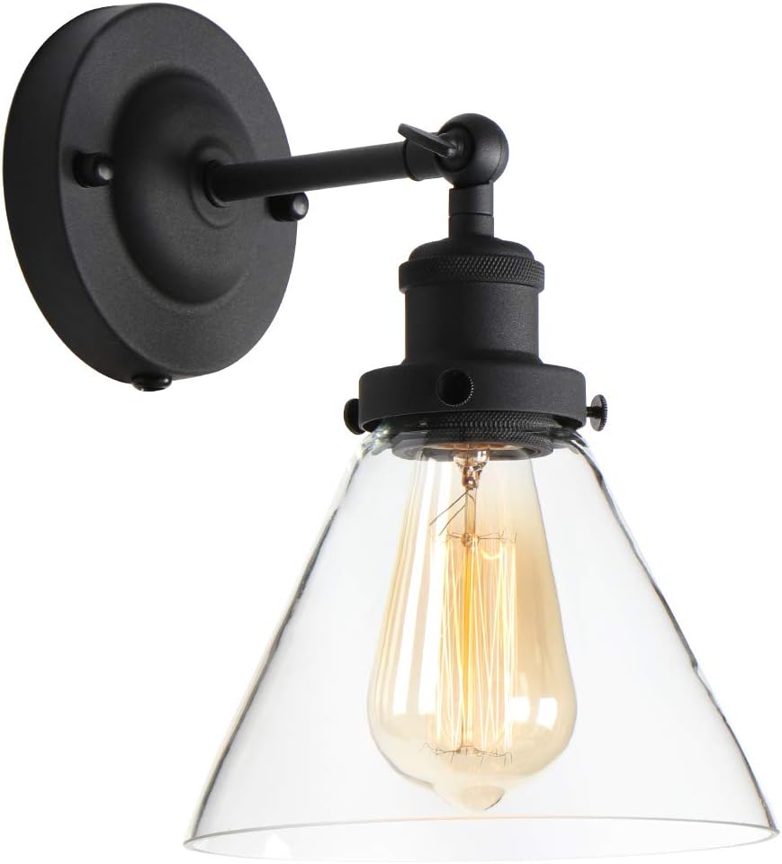 Edison Wall Sconce Retro Industrial Simplicity Style, Premium Black Finish Vintage Wall Lamp, Wall Light Fixture with Adjustable Arm Angle, Classical funnel-shaped Hand-Made Clear Glass Lampshade