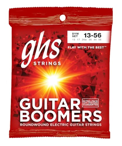 GHS Strings, DYM Boomers, Nickel Plated Steel Electric Guitar Strings, Legendary Strength, Consistent Intonation, Unrivaled Sustain, Long Lasting Brightness & Tone. Wound 3rd (G) 13-56 MED Gauge