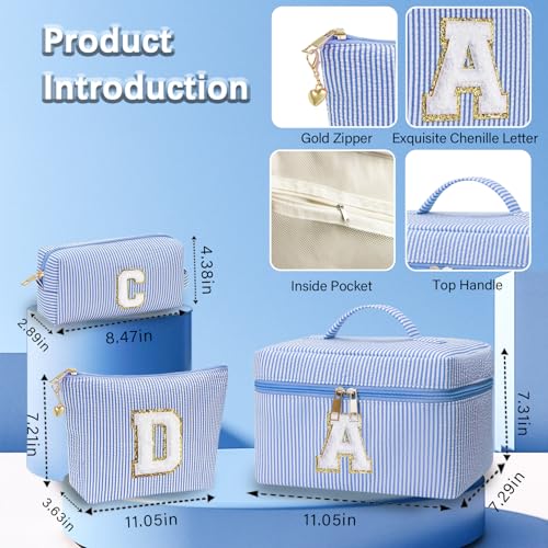 Personalized Monogram Makeup Bag, 3PCS Custom Monogrammed Toiletry Cosmetic Bag for 6-18 Teen Girls Women,Birthday Graduation Gifts Initial Pouch Makeup Bags for Women Girls, Make Up Bag (M, Blue)2