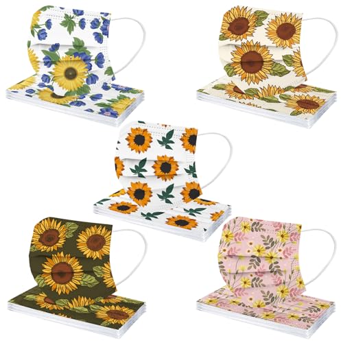 50PCS Sunflower Disposable Face Mask, 3 Ply Breathable Flower Face Masks for Adults Women Full Face Protection (Multicolor)