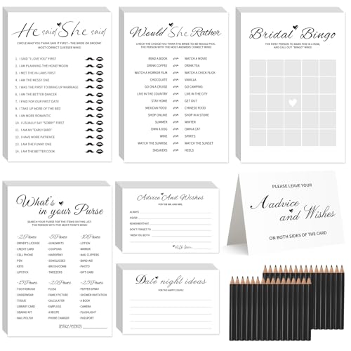 GAMSUNSTAR Bridal Shower Games-Heavy Cardstock 5 Fun Activities for 32 Guests Includes Bingo He Said She Said Would She Rather Whats in Your Purse Advice and Wishes for The Mr and Mrs(Minimalist)