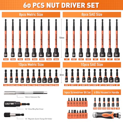 Image of HORUSDY 59pcs Magnetic Nut Driver Set with 6-in-1 Ratcheting Screwdriver Handle, SAE & Metric 1 /4 Inch Hex Shank Socket Set for Impact Drill with Quick-release Bit Holder and Extension Bar