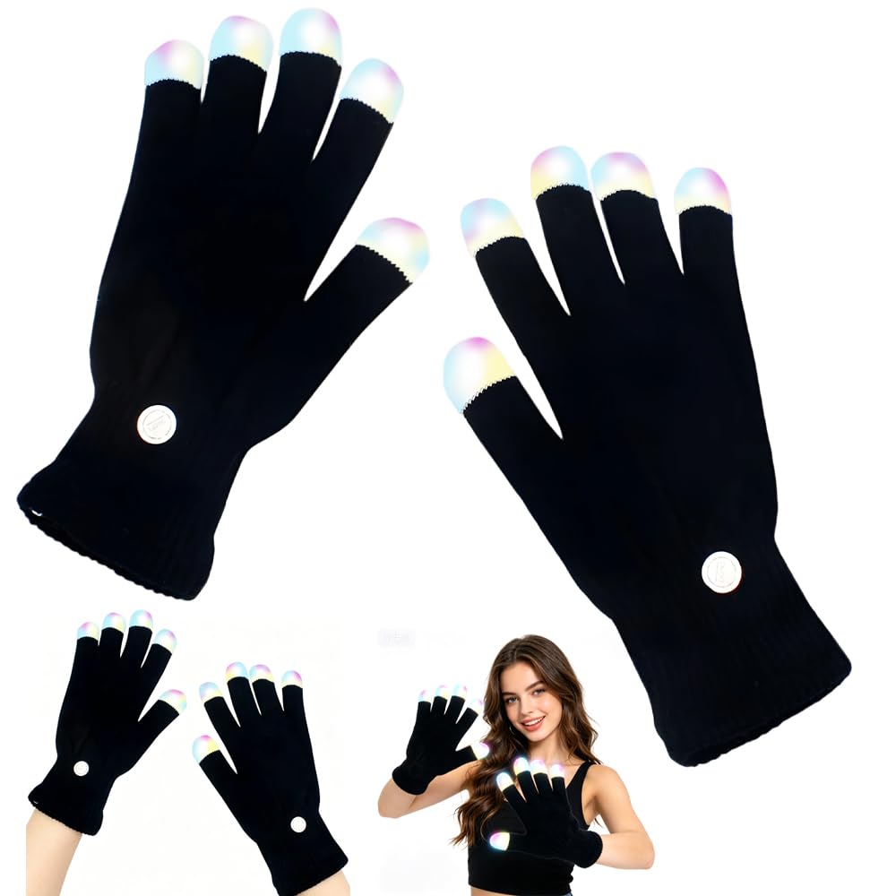 LUFEIS LED Flashing Rave Gloves, LED Gloves with 6 Lighting Modes, Finger Lighting Flashing Gloves for Rave Parties, Carnivals, Concerts, Live Shows, Music Festivals, Halloween (2 Pair)