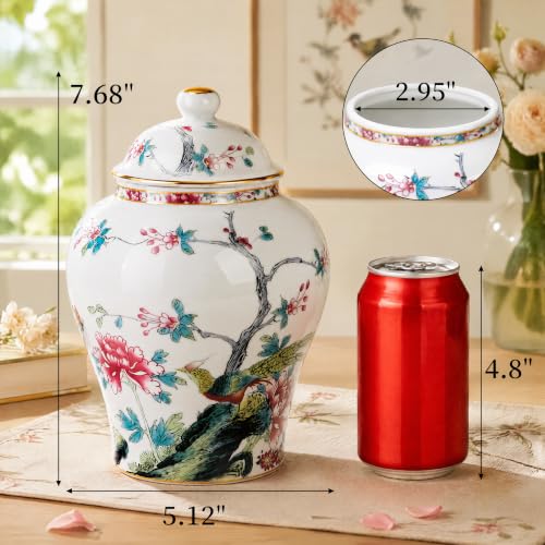 Image of Goaste 7.68 inch Chinoiserie Porcelain Ginger Jar with Lid, Airtight Vintage Ginger Jars with Gilt Edges, Hand-Painted Floral Bird Decorative Vase for Tea Candy Sugar Herbs, Kitchen Coffee Table Shelf