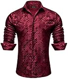 DiBanGu Men's Silk Burgundy Paisley Dress Shirt Casual Formal Long Sleeve Red Button-Down Shirts for Wedding Party, Red, S