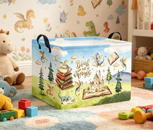Image of Rectangular Baby Kids Storage Basket for Home Kitchen Girls Cute Toy Storage Bin Organizer Shelf Book Room Decor(Magic Dinosaur)
