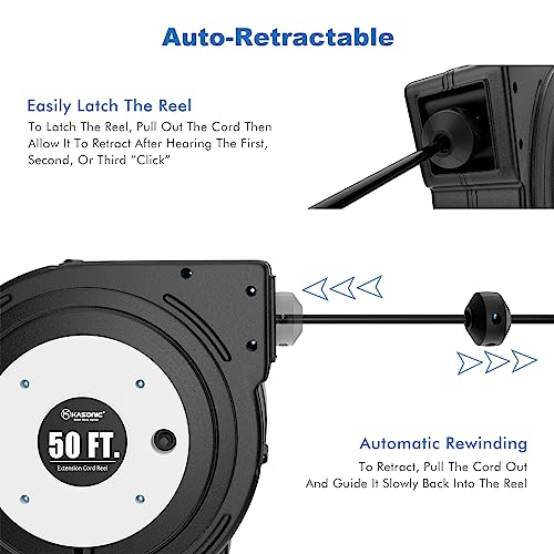 Kasonic 50 Ft Retractable Extension Cord Reel, Ul Listed, 14Awg/3C Sjtow Heavy Duty Power Cord, 3 Grounded Outlets Lighted Triple Tap, 13 Amp Circuit Breaker, Wall Or Ceiling Mountable, Black #TOP1