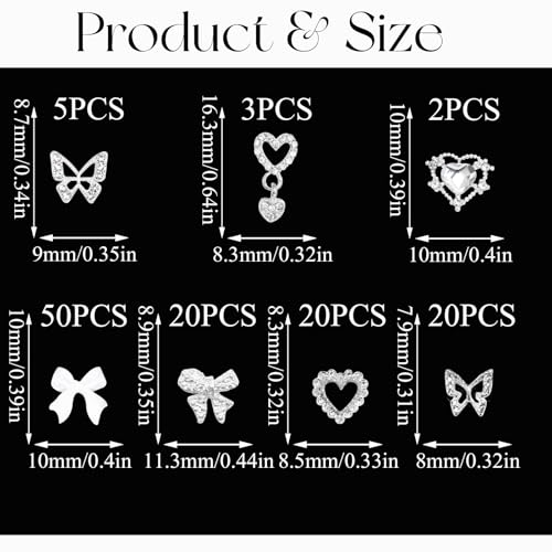 50% Off 120PCS Silver Nail Charms with 7 Shapes for Nail Art - Image 4