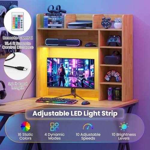 Image of Tangkula Desktop Bookshelf with LED Lights, Desk Hutch with 8 Shelves for Max 25 inch Monitor, Desktop 5-Tier Display Rack, Wood Desktop Storage Hutch Organizer for Dorm Office Home, Burlywood