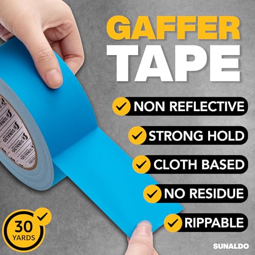Image of Gaffers Tape Heavy Duty, Easy to Rip, Residue-Free Professional Grade Floor Tape for Electrical Cords, Matte Finish Non Reflective, Weather Resistant (1, Light Blue, 2 inch x 30 Yards)
