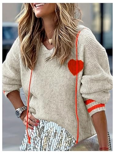 GORGLITTER Women's Oversized Hooded Sweater Striped Heart Loose Chunky Sweaters 2025 Fall Trendy2