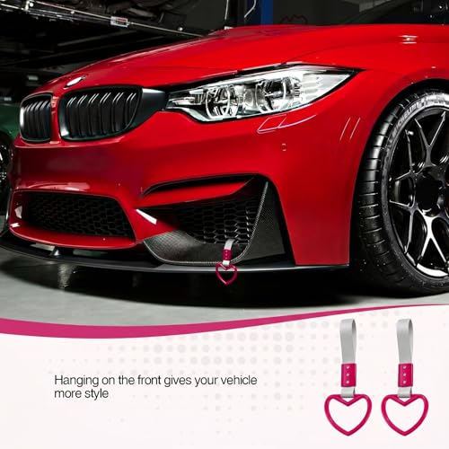 Image of 2PCS Heart Shaped Car Handle Straps, Rear Bumper Warning Keychain Ring for Car Exterior Accessories (Hot Pink-Silver)