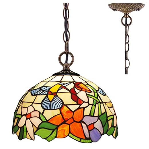 WERFACTORY Tiffany Pendant Light Fixture Hummingbird Amber Stained Glass Hanging Lamp Wide 12 Inch Height 32 Inch S101 Series