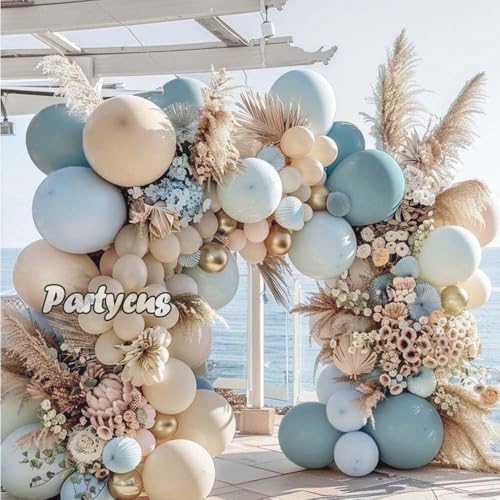 Image of Dusty Blue White Sand Balloon Garland Double Stuffed Pastel Light Blue Cream Beige Matte Balloon Arch Kit with Gold Latex for Neutral Baby Shower Bridal Wedding Birthday Mothers Day Summer Party