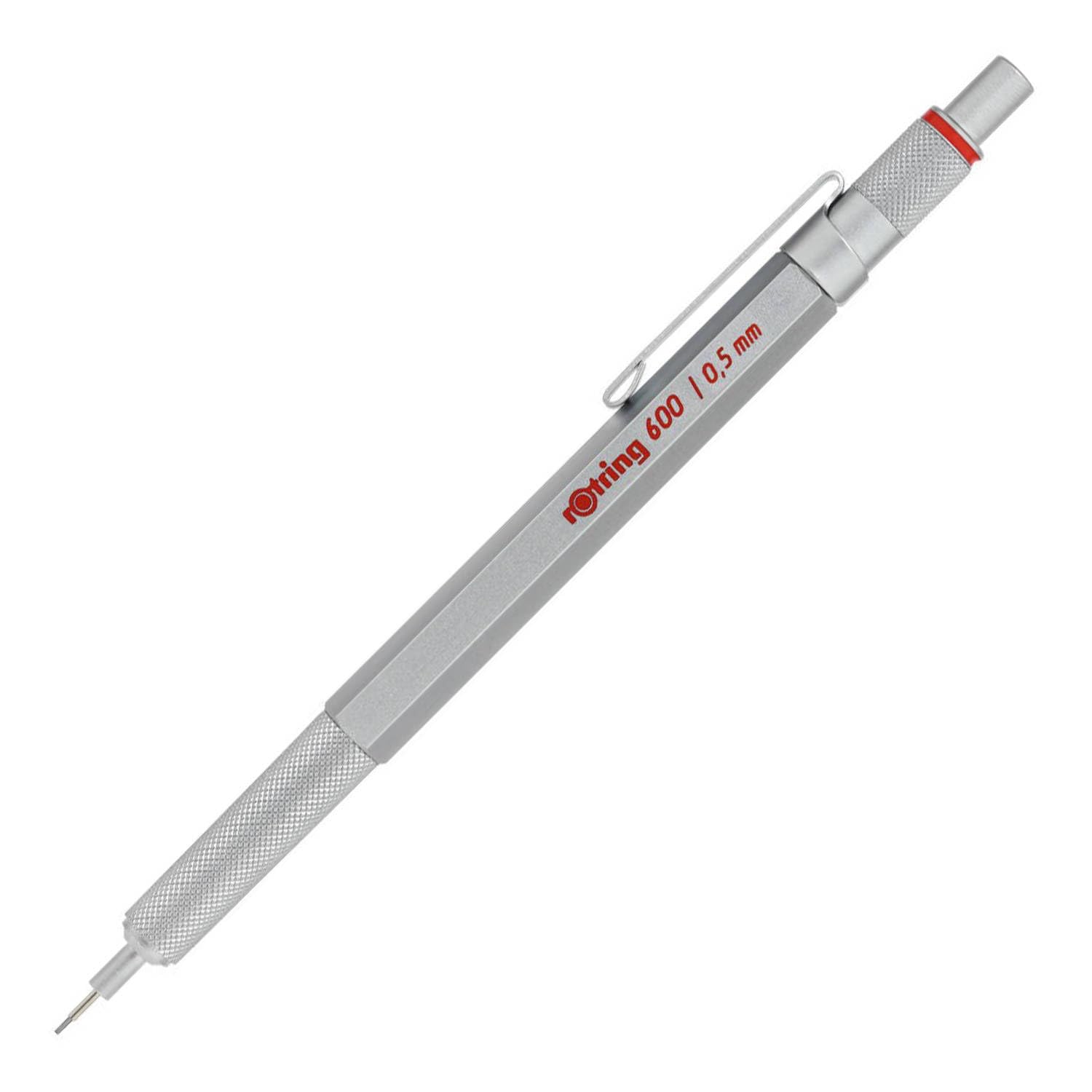 rOtring Portaminas 600 y estuche de terciopelo, 0,5 mm, cuerpo de metal plateado, agarre estriado antideslizante y barril hexagonal
