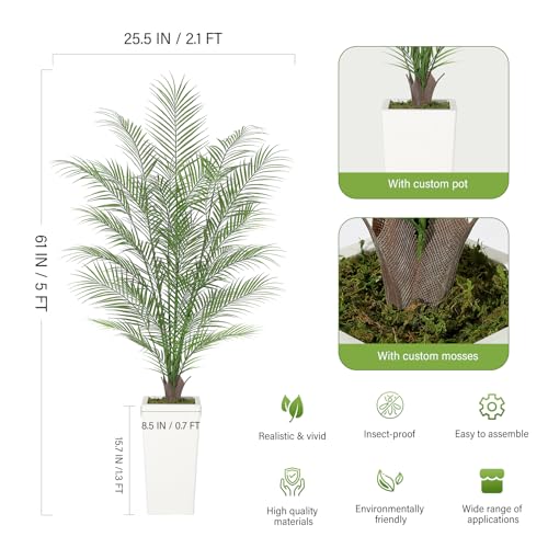 5FT Fake Palm Tree Faux Areca Palm Plants with 32 Full Lifelike Palm Leaves Realistic Trunks Fake Tropical Palm Tree for Indoor Home Office Outdoor Yard Décor with Tall Trapezoidal Prism White Pot