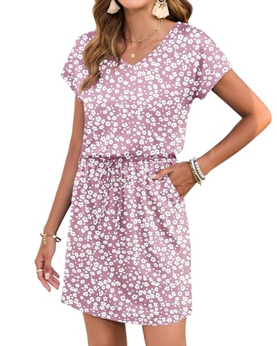 Image of AUSELILY Womens Summer Mini Dress, Short Sleeve V Neck Drawstring Casual | Soft smooth drape with an adjustable drawstring waist for beach, casual outings and daily wear