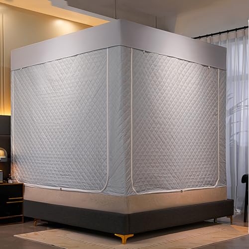 屋内ベッドテント暖房テント蚊帳 冬用子供用テントベッド暖かく保つ寒さから守る キルティングテント遮光テント 折りたたみ式 暖かい 通気 多機能 室内用 安眠改善対策 虫よけ蚊帳(Gray,150 CM*200 CM*145 CM)