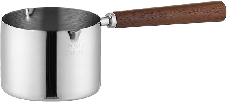 1 pcs 17oz Butter Warmer with Wood Handle 3.7 inch, Stainless Steel Milk Pot with Scale, Small Milk Jugs, Mini Coffee Pitcher with Spout, Egg Boiler, Wooden Handle Saucepan